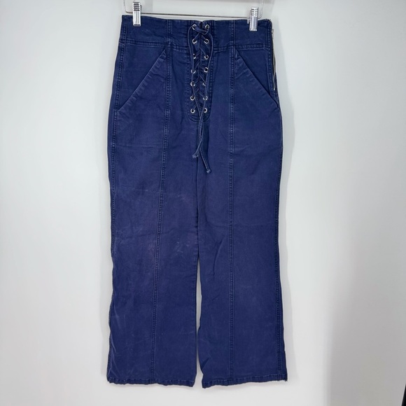 A.L.C Front Lace Up High Rise Crop Flare Leg Blue Denim Jeans - Picture 1 of 4